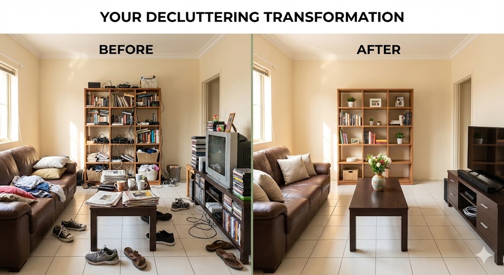 Before and after comparison of Nigerian apartment living room showing cluttered space transformed into organized, minimalist room
