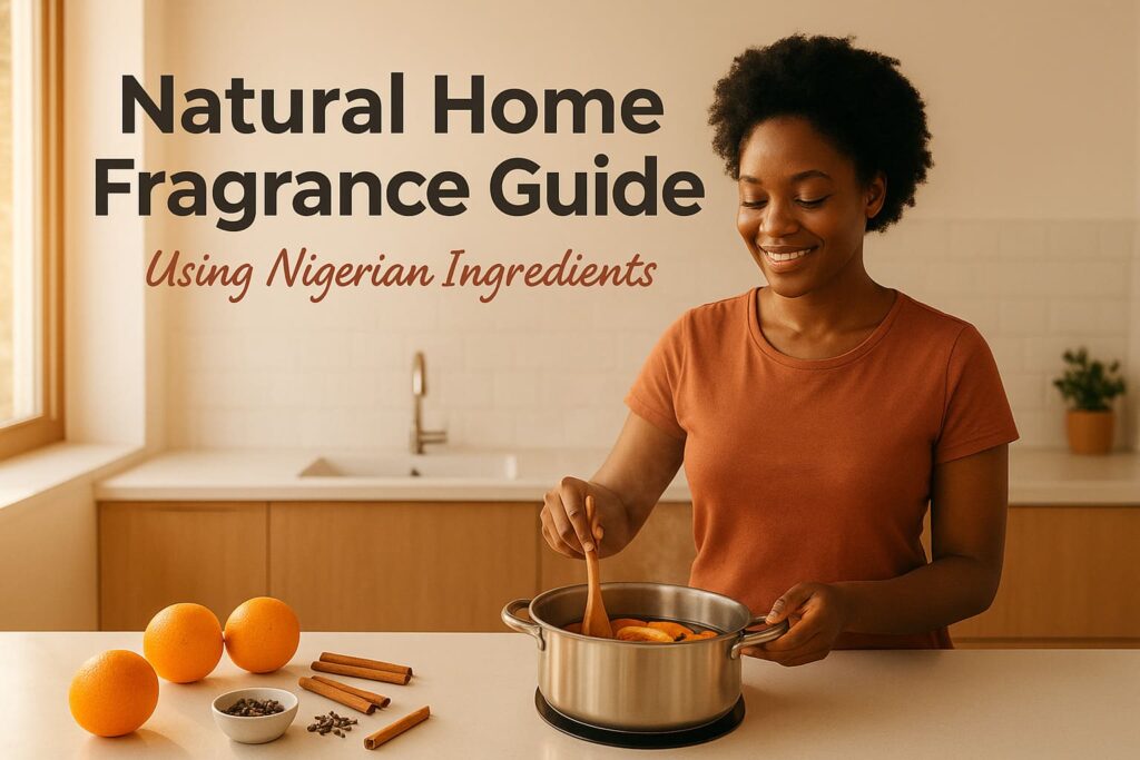 Nigerian woman preparing natural home fragrance simmer pot with cinnamon sticks, orange peels, and cloves in modern Lagos kitchen