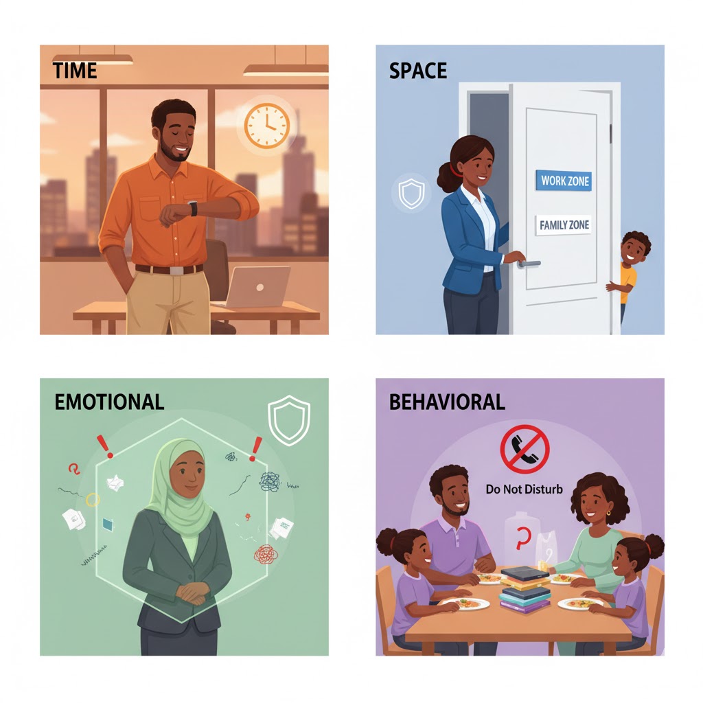 Infographic-style illustration showing four Nigerian professionals demonstrating different boundary types: clock icon for time boundaries, office door for physical boundaries, shield for emotional boundaries, and phone with Do Not Disturb symbol for behavioral boundaries