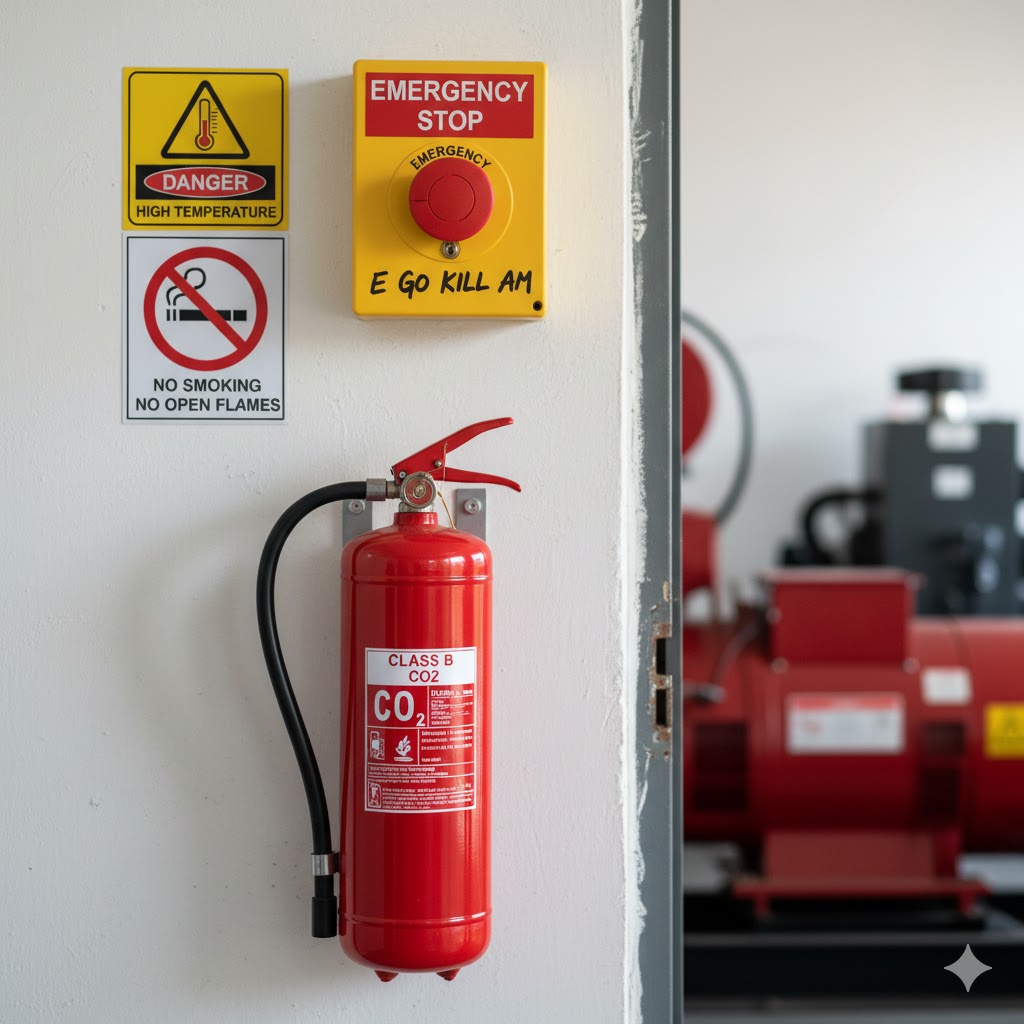 Fire extinguisher mounted on wall next to generator room door with emergency stop button and multilingual safety warning signs