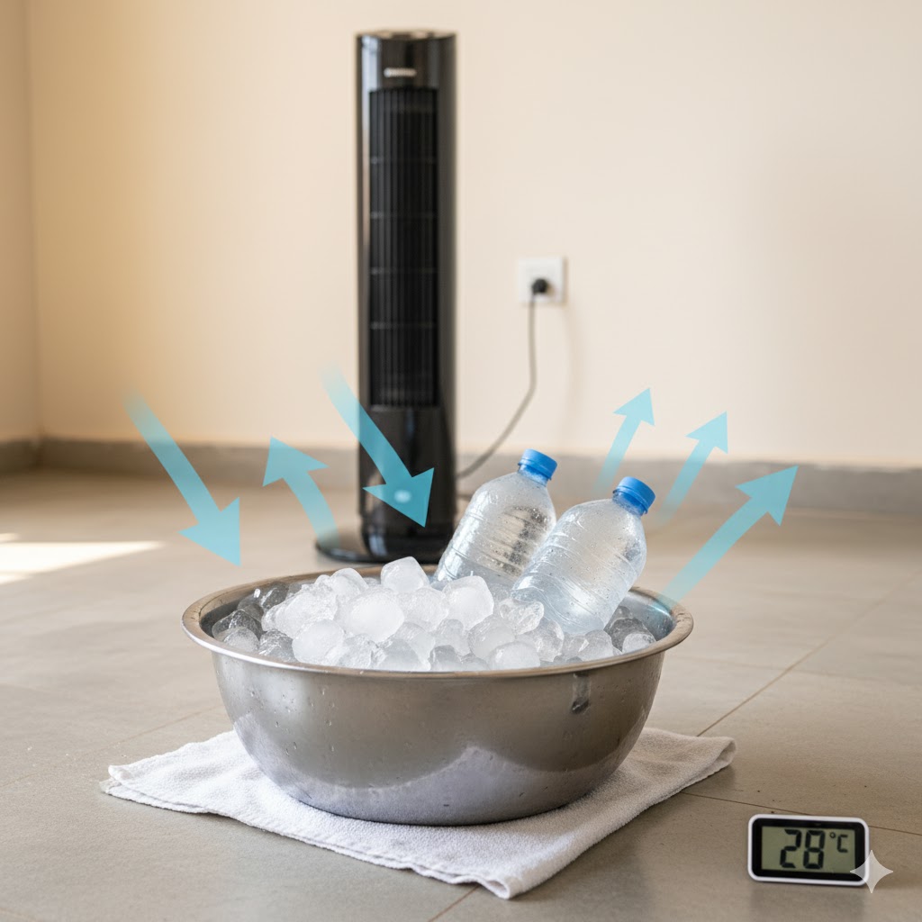 Metal bowl filled with ice cubes positioned in front of standing fan on floor with towel underneath in Nigerian home interior