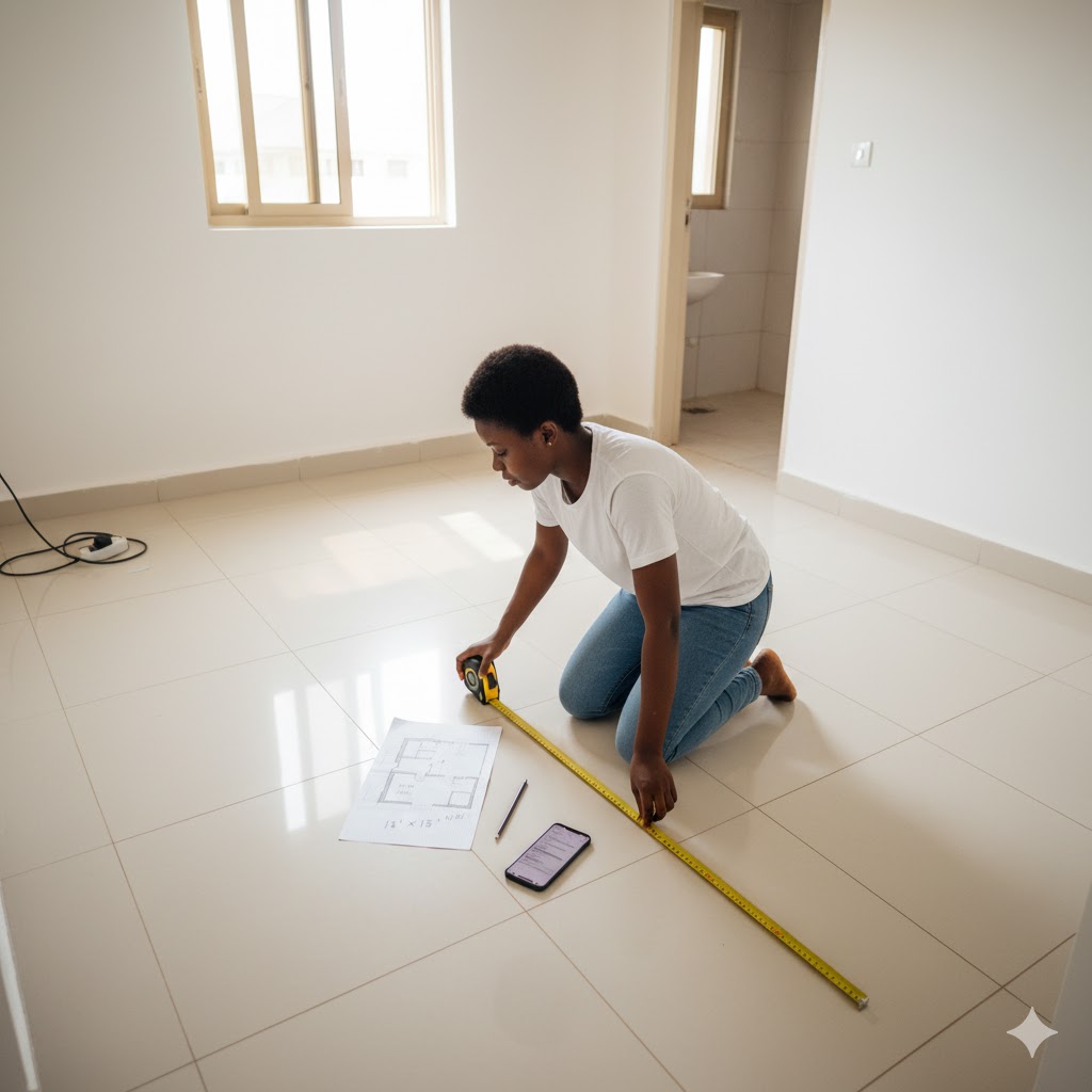How to design one room apartment - Nigerian woman measuring small apartment dimensions with tape measure and floor plan sketch
