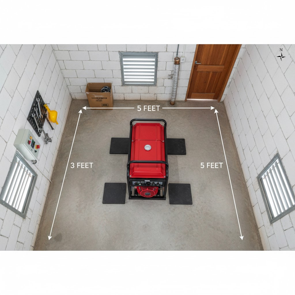 Top-down view of generator room showing proper 3-foot clearance spacing between generator and walls with measurement annotations