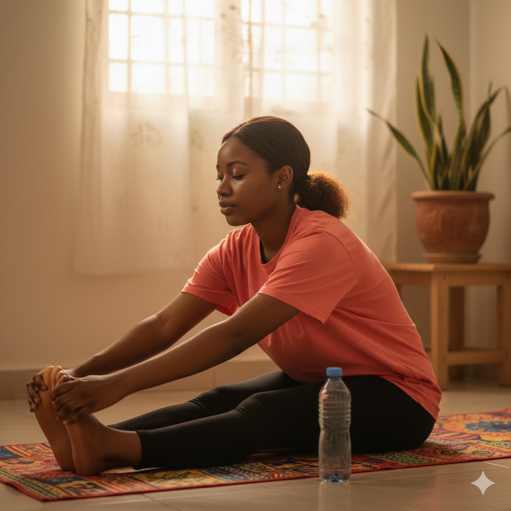 Young Nigerian woman practicing affordable self-care at home in Lagos, surrounded by natural light and simple wellness items