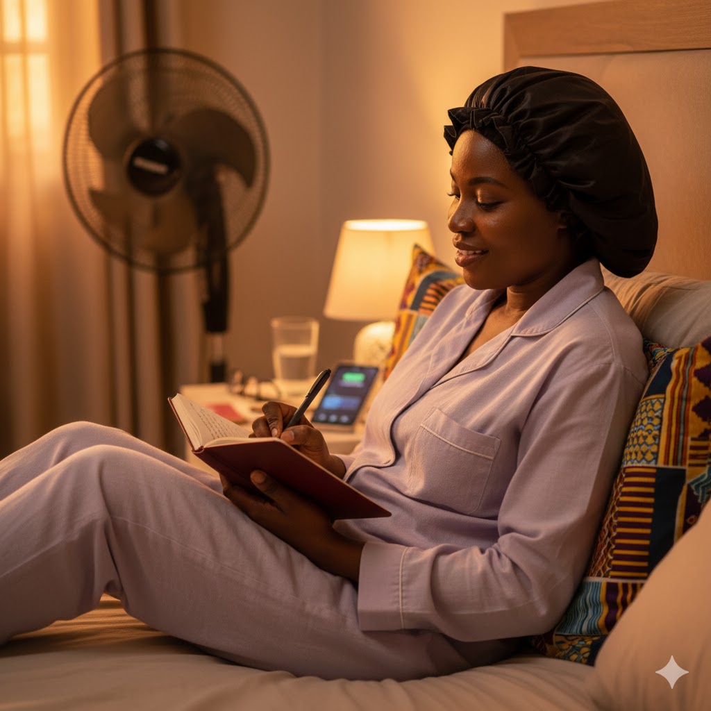 Nigerian woman writing evening reflection prompts in journal before bed, creating peaceful nighttime self-care routine despite Lagos heat