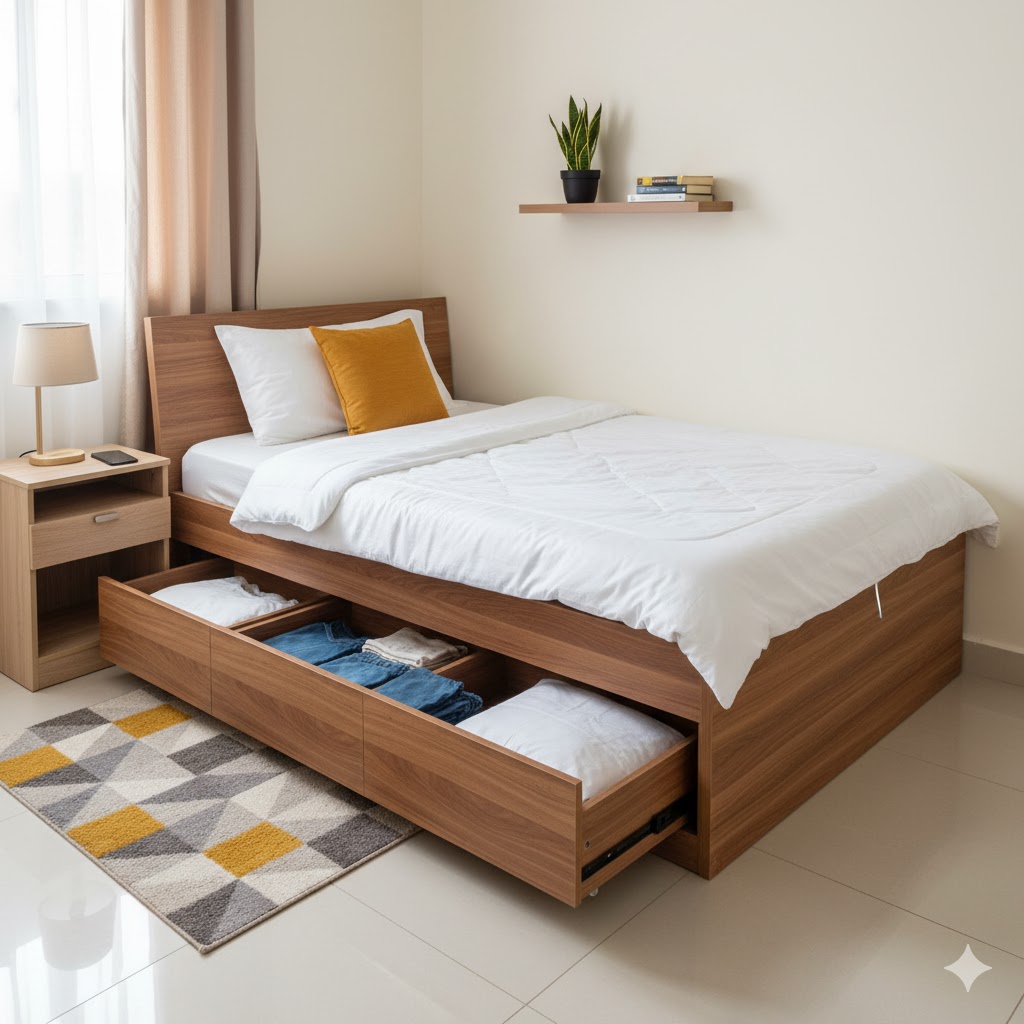 Space-saving furniture Lagos - modern storage bed with open drawers showing organized storage in small Nigerian apartment