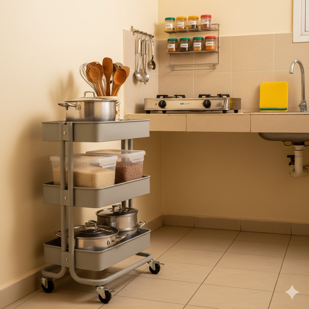Compact Nigerian kitchen showing three-tier metal rolling cart with organized cooking pots, ingredients, and utensils maximizing limited counter space