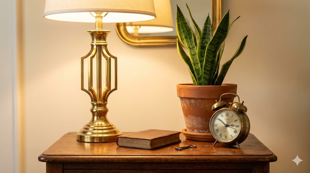 Nigerian bedroom side table styled with three items showing the rule of three: brass lamp, potted plant, and vintage clock creating balanced composition