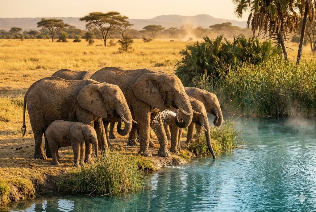 Herd of African elephants drinking at the crystal-clear Wikki Warm Spring in Yankari National Park Bauchi State Nigeria with savannah grassland in the background