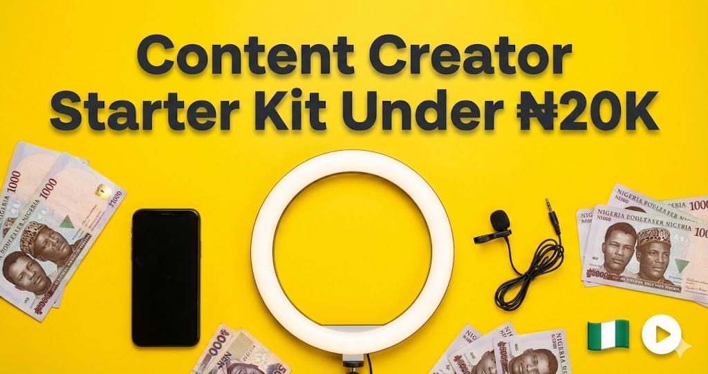 Budget ring light and microphone content creation kit for Nigerian creators with text overlay showing under 20,000 Naira