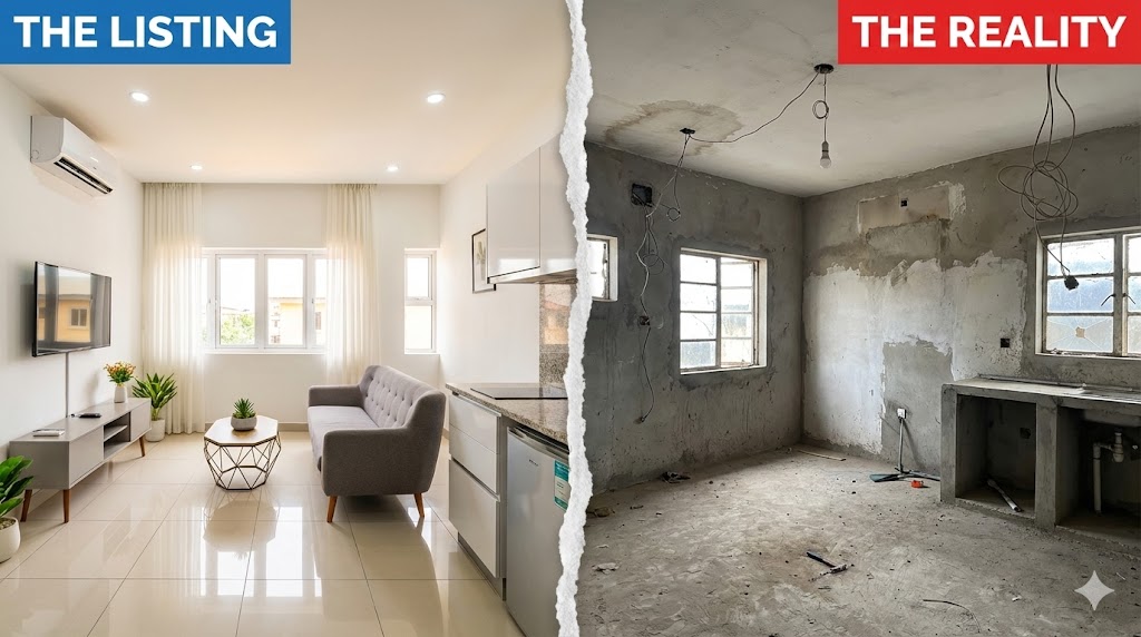 Split image comparing beautiful apartment listing photo on left with disappointing real apartment condition on right