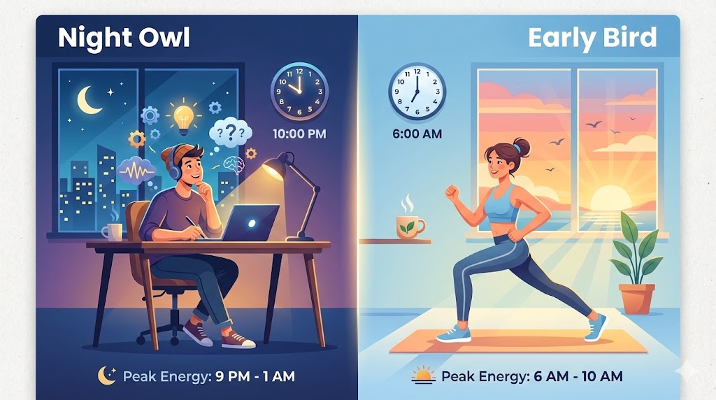 Split illustration comparing a night owl person energetic and creative at 10 PM versus an early bird person energetic at 6 AM, showing different peak productivity times