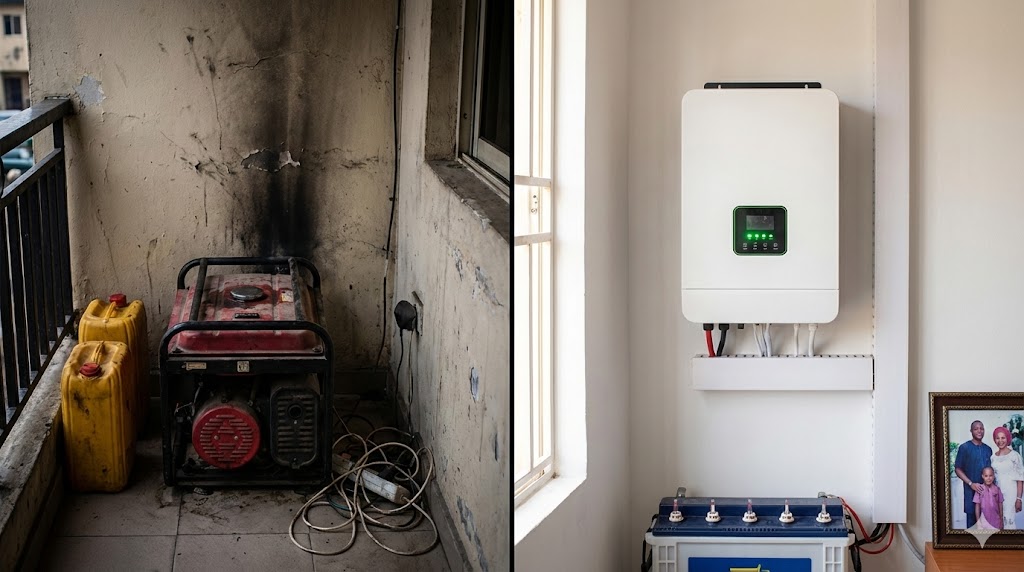 "Split image comparison showing old petrol generator on left and modern solar inverter setup on right in Nigerian home setting