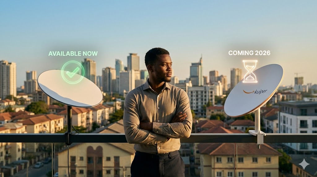 Nigerian professional contemplating choice between Starlink and Amazon Kuiper satellite internet with both dishes displayed